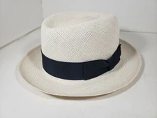 BILTMORE EXCELLO NATURAL WITH NAVY BAND STRAW PORK PIE MADE IN CANADA