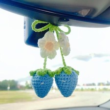 Crochet Strawberry Rear View Mirror Accessories Flower Car Mirror Hanging Acc...
