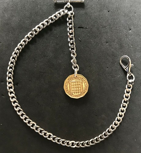 Albert pocket watch chain with a ER II Brass Threepenny Bit fob,silver colour - Picture 2 of 4