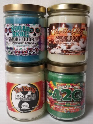 Smoke Odor Exterminator 13 oz Jar Sugar Skull, Assorted Set of (4) Candles.