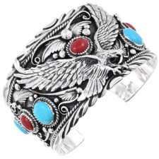 Navajo Turquoise Coral Mens Big Boy Eagle Bracelet Sterling Silver Cuff sz7-7.5