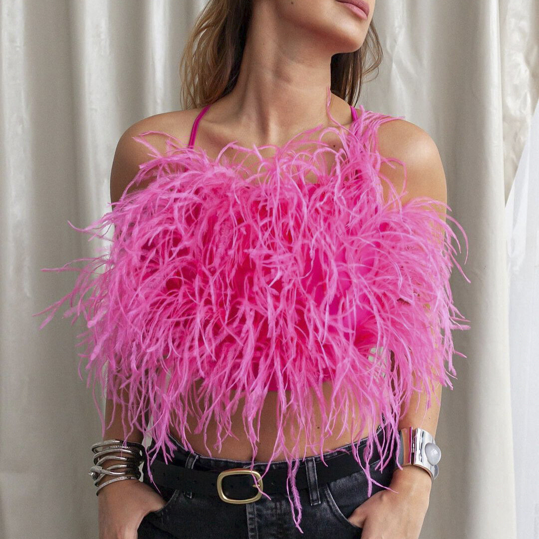 Furry Ostrich Feather Bustier Crop Top Sleeveless Wrap Vest for Women-image
