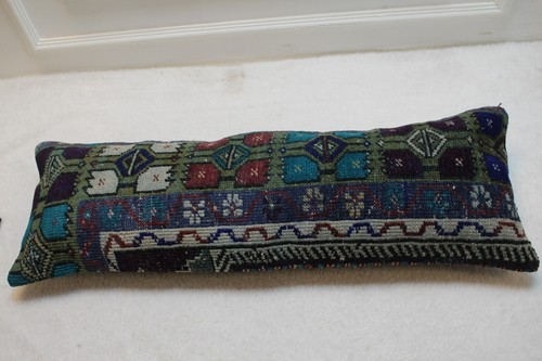 Ethnic Design Rug Pillow, 12x36 inc Long Lumbar Pillow Case, Organic Wool Anatol - Picture 7 of 11