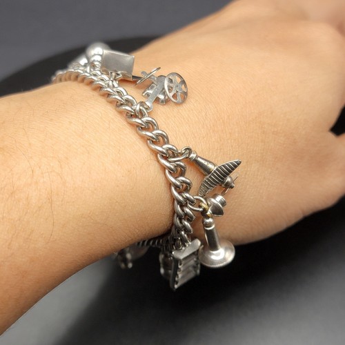 Vintage Sterling Silver Charm Bracelet 11 Heavy Plane Phone Cuban link 31g - Picture 7 of 22
