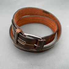 Belt Men's Brown Silver Buckle Leather Adjustable Cut Out Stitching Detail 36