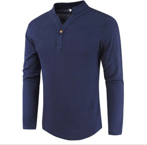 Mens Casual Long Sleeve Shirts Cotton Tops Slim Fit Button T-shirt Basic Leisure - Picture 3 of 18