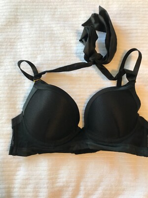FRENCH AFFAIR Push Up Padded 34C black net halter adjustable