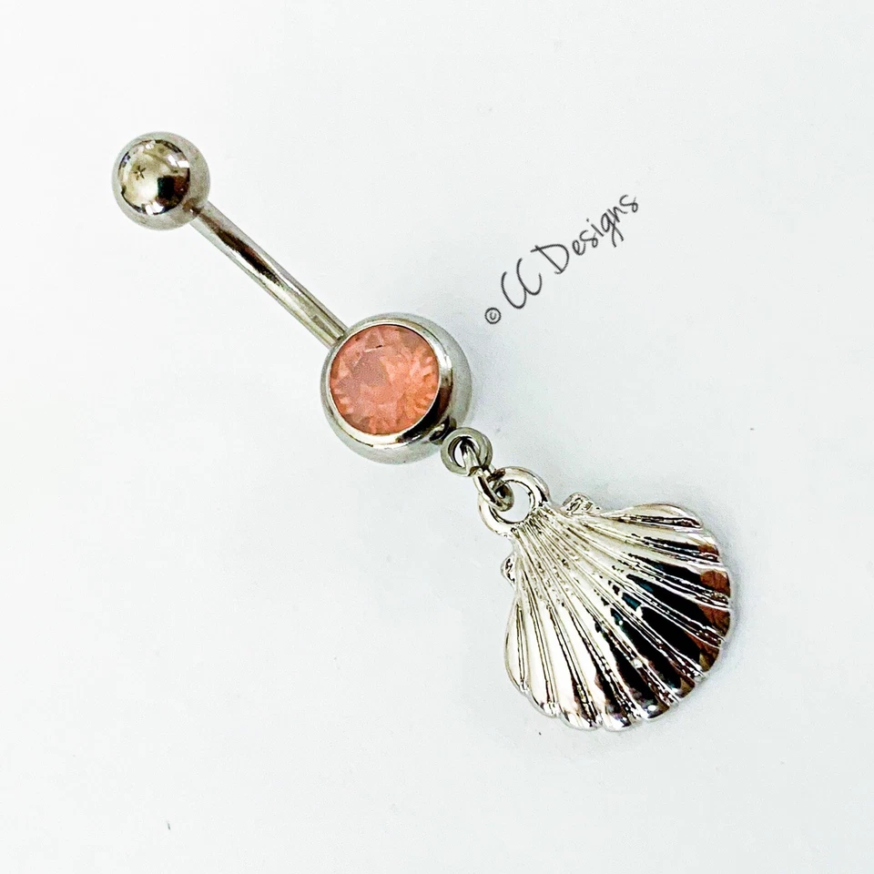 14g pink sparkle opal cz dangle silver seashell clam shell belly ring (B344) - Image 2 of 3