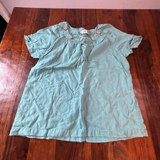 Vintage Orchadia Casuals Women Teal Linen Cotton Blouse Wooden Button M