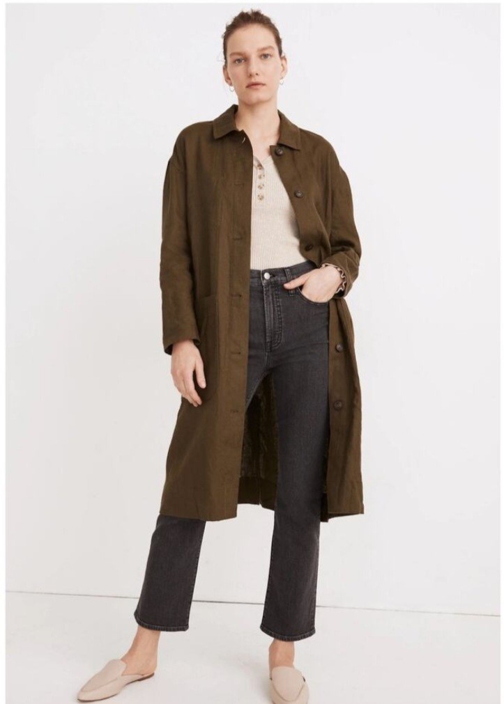 Madewell Army Green 100% Linen Oversized Long Duster Coat  BUTTON UP SMALL