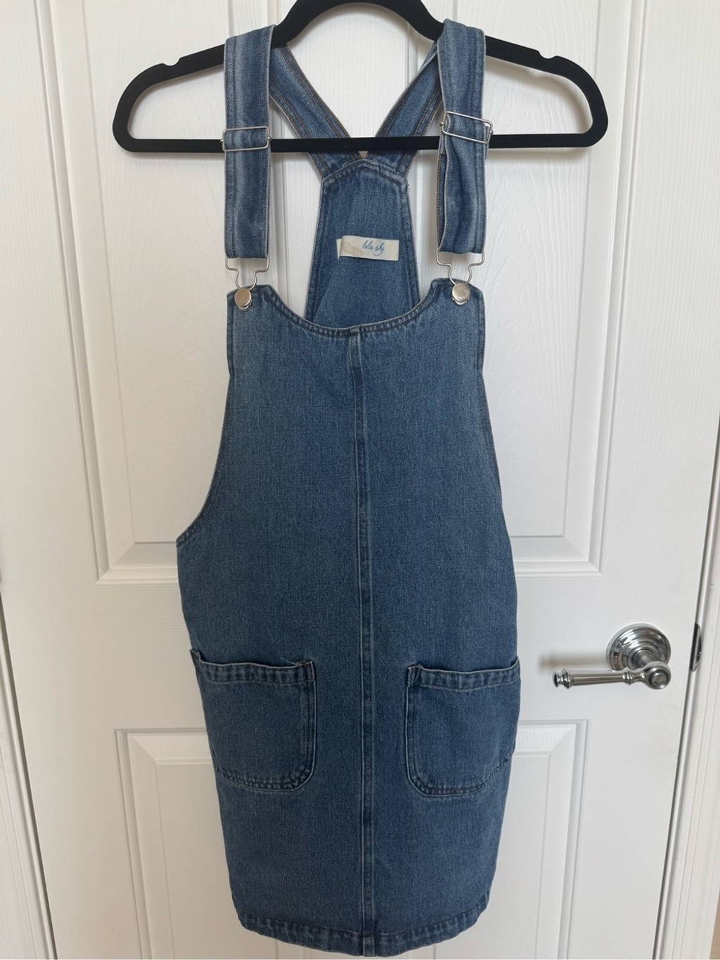 Lela Sky Women's Blue Denim Overall Dress with Front Pockets Medium
