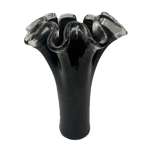 Murano Style Black Art Glass Vase 10” Ruffled Top Gold Flecks Hand Blown Vintage