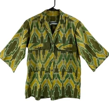Vintage Handloomed Cotton Ikat Button Front Shirt Jacket Size L Boho