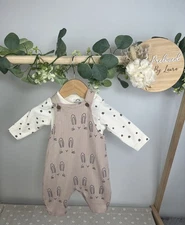 Next Baby Unisex Preloved Two Piece Beige Bunny Dungaree Set Upto 1 Month