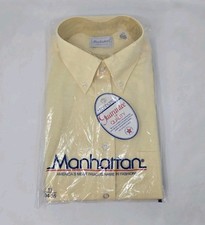 Vintage Mens Manhattan Button Down Yellow Dress Shirt Long Sleeve 17-34/35 USA