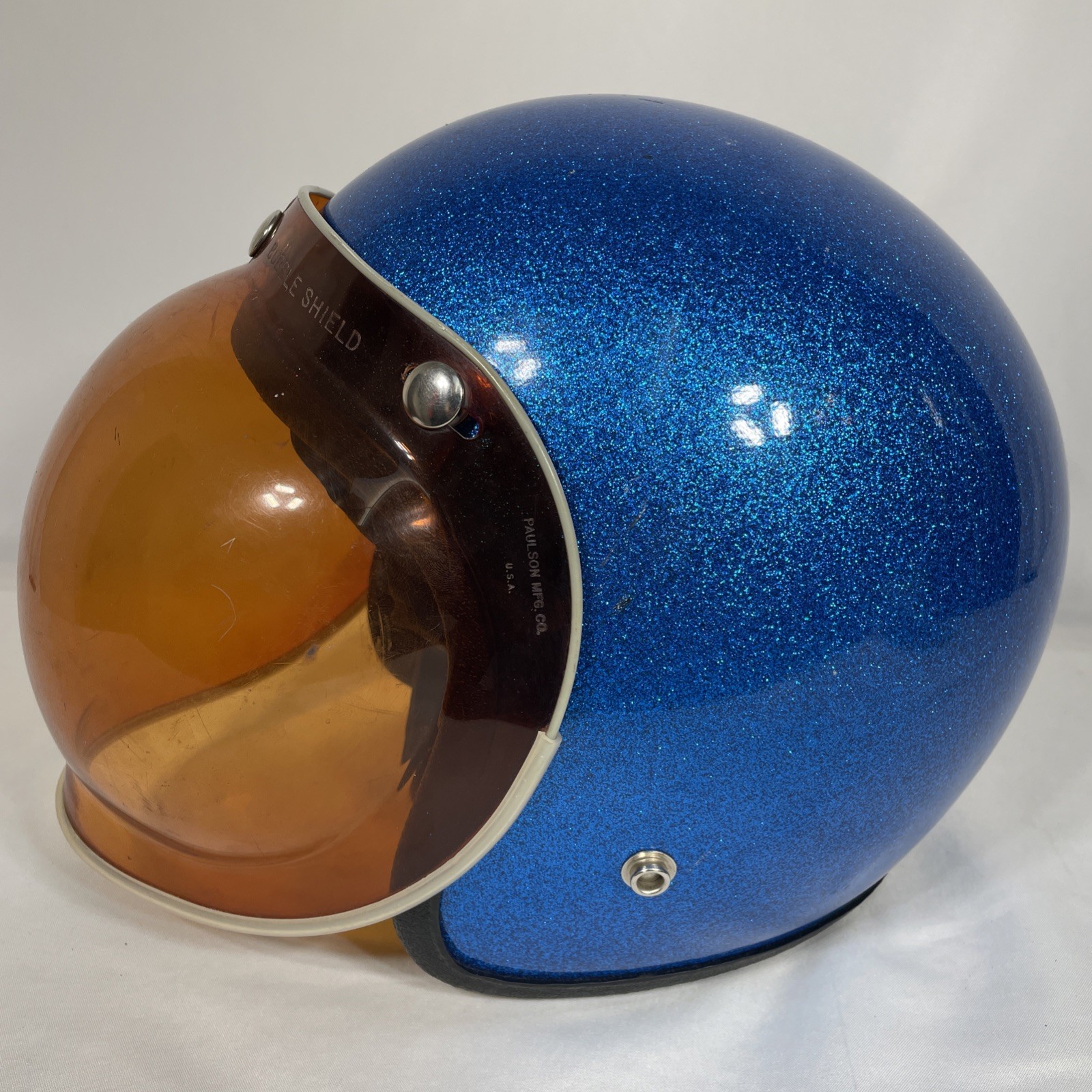 Vintage 70s Blue FURY 300 Motorcycle Helmet Flake Sparkle Glitter Bubble Shield