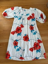 Vintage Hilo Hattie Hawaiian White Tropical MuuMuu Dress XS 4 Hibiscus Blue Red