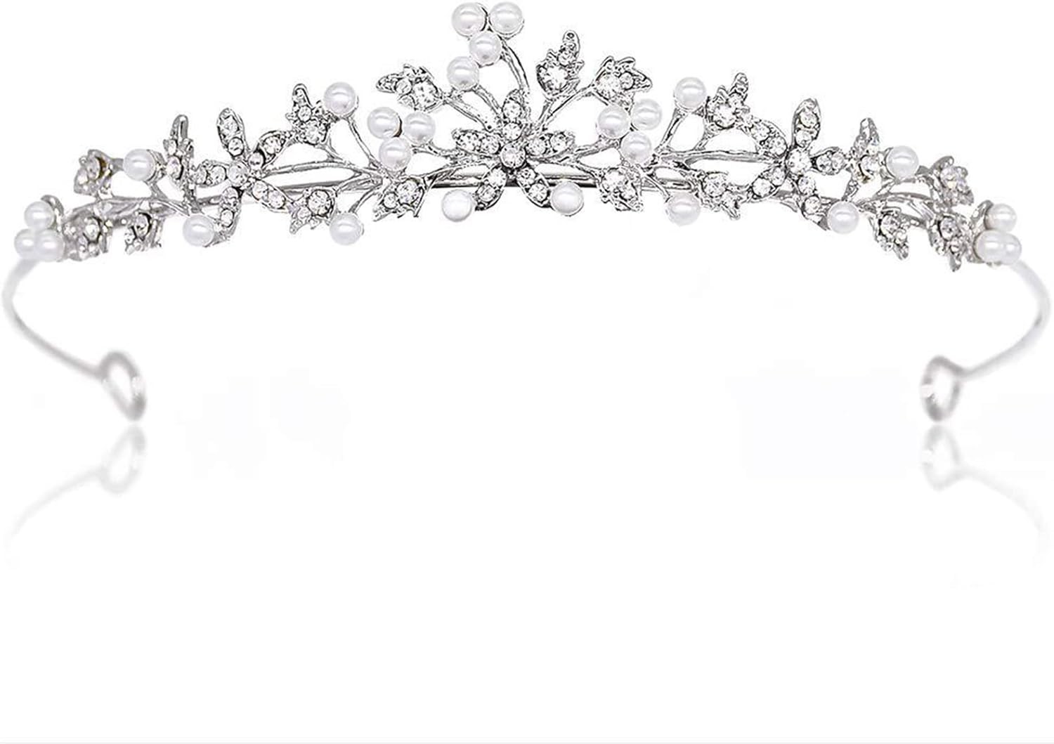 Flower Rhinestone Pearls Crowns Headband, Silver Crystal Bridal Crown Tiara for
