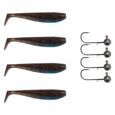 4x Fox Rage Firefly Pro Shad + 4x Pamchion Jig Heads Set 8 Pieces Blue Guts