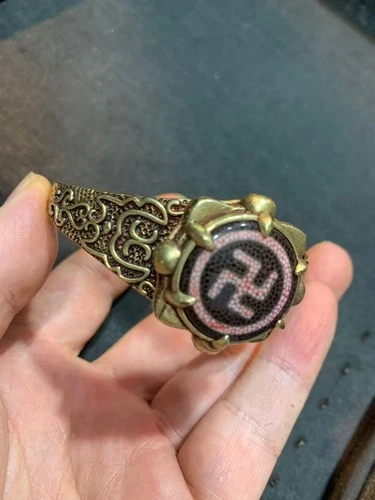 Tibetan Brass Inlay Agate Dzi *Buddhist Swastika* Bead Bangle Bracelet