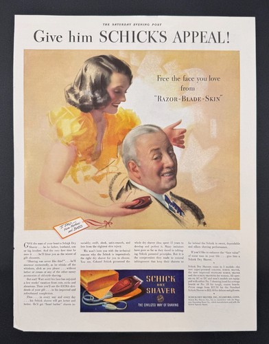 Vintage 1939 Rolf Armstrong Schick Razor Ad Saturday Evening Post 13.75x10.5