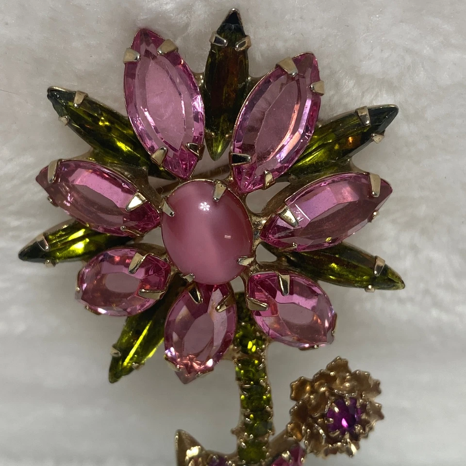 VTG Delizza & Elster Juliana Floral Brooch Pink Green Rhinestone Flower Pin - Image 2 of 4