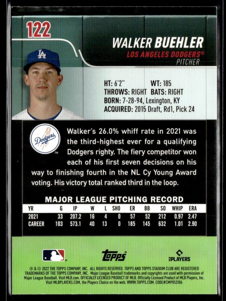 WALKER BUEHLER 2022 STADIUM CLUB 1991 DESIGN VARIATION #122 PARALLEL LOS ANGELES - Image 2 of 2