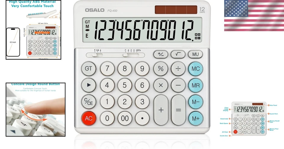 FQ-450 Extra Large 12-Digit Calculator - Solar & Battery, User-Friendly Design - Image 2 of 4