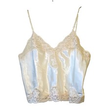 Vintage Indulgence Ivory Satin Lace Trim Floral Spaghetti Strap Camisole Size 38
