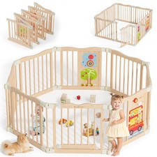 Foldable Wooden Playpen - Adjustable Wood Baby Play Yard with Child-Proof Loc...