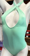 Women s Green Solid Knit Halter Cross-Front Keyhole Back Ruched High-Cut Leotard