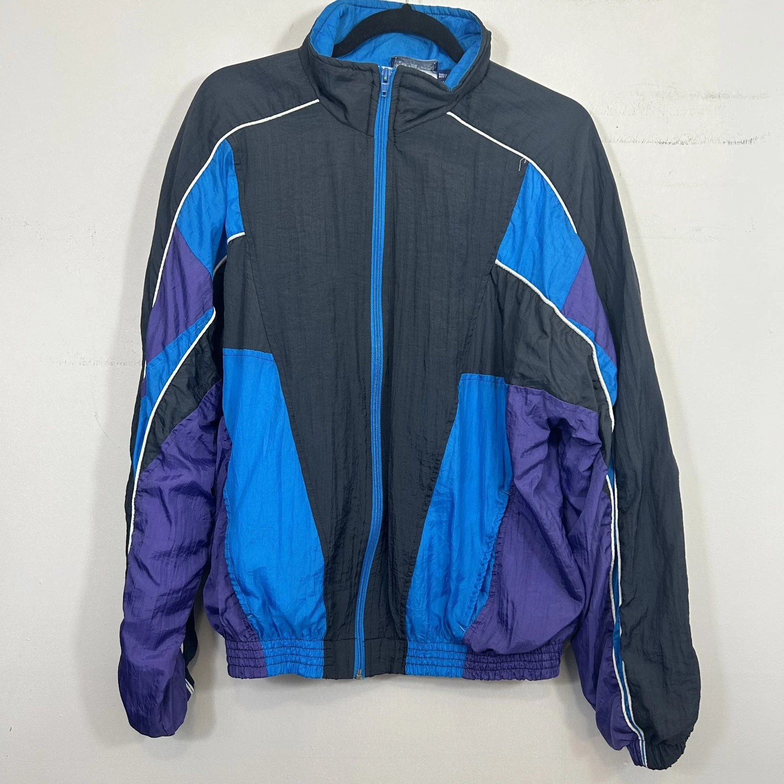VTG 80’s Windbreaker Jacket Men Medium Purple Blue Geometric Nylon Date Function