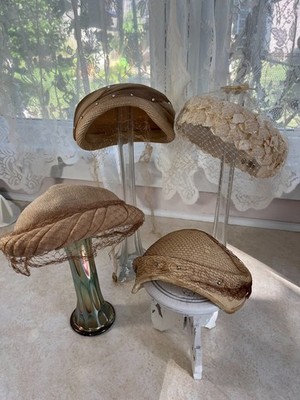 Vintage 1940's Hat Lot Pillbox Floral Veils Brims Velvet Wool Woven Lot of 4