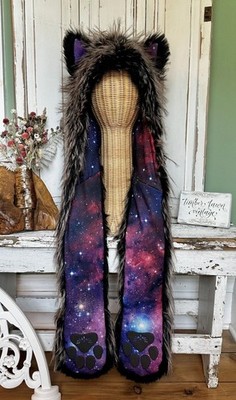 SpiritHoods Mystic Wolf Galaxy Nebula Scarf Spirit Hood Rave Hat Faux Fur READ
