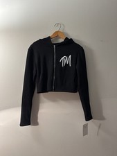 Women's Black Solid Cropped Full Zip Hooded Hoodie Long Sleeve TM Logo
