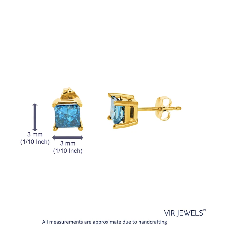 Aretes de diamantes azules talla princesa de 1/2 cttw oro amarillo de 14 k forma cuadrada Foto 3 de 4