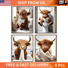 Highland Cow Bathroom Wall Art Prints, Rustic Decor, Unframed, 8X10 Inches, 4 Pc