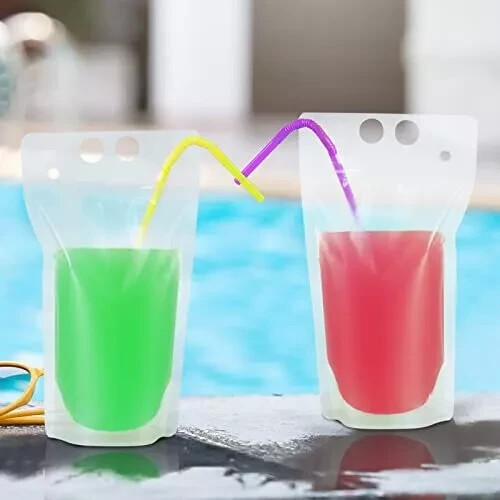 50 Pcs Plastic Drink Pouches Bags Reclosable with 50 Drinking Straws - Picture 5 of 9