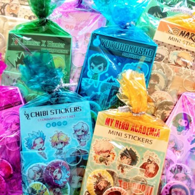 Anime Art Gift Set Bundle - Buttons Keychain Stickers Chibi Kawaii Otaku