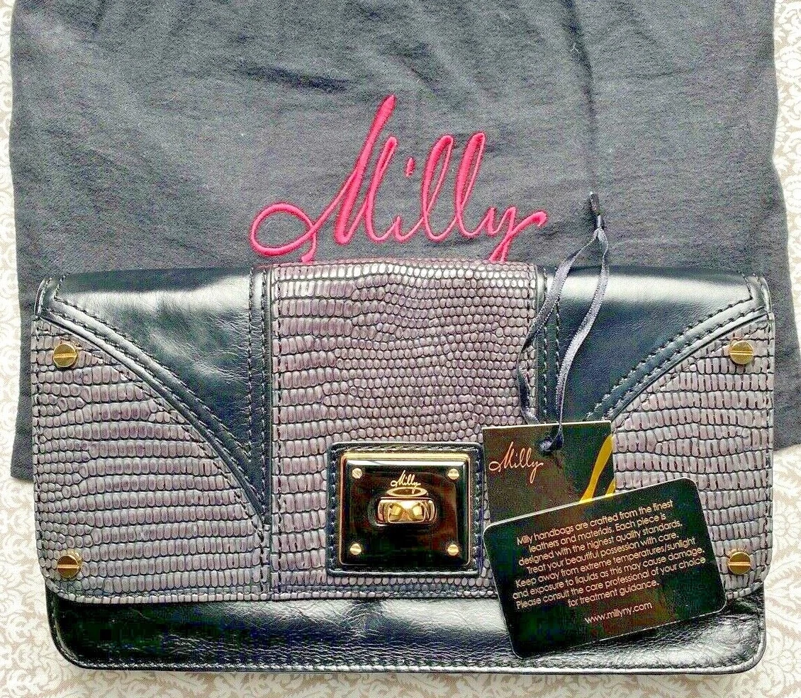 Milly Black Leather Textured Flap Clutch Evening Bag Gold Hardware