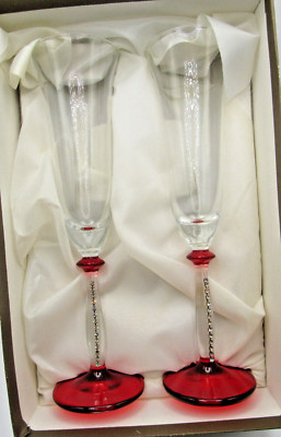 Franco Vetrerie e Cristallerie hand made Rhinestone champagne flutes Red/ in box