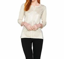 H by Halston Womens Small Special Edition Art Deco Sequin Cardigan Sweater Sand