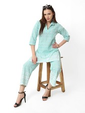 Sky Blue Cotton Kurti With Trousers For Women Girls Embroidered Indian Ethnic