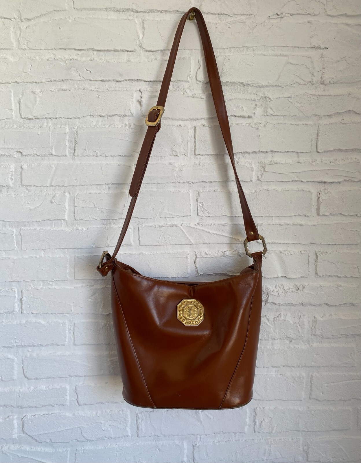 Borsa vintage anni 80 90 Yves Saint Laurent logo ottagonale pelle marrone