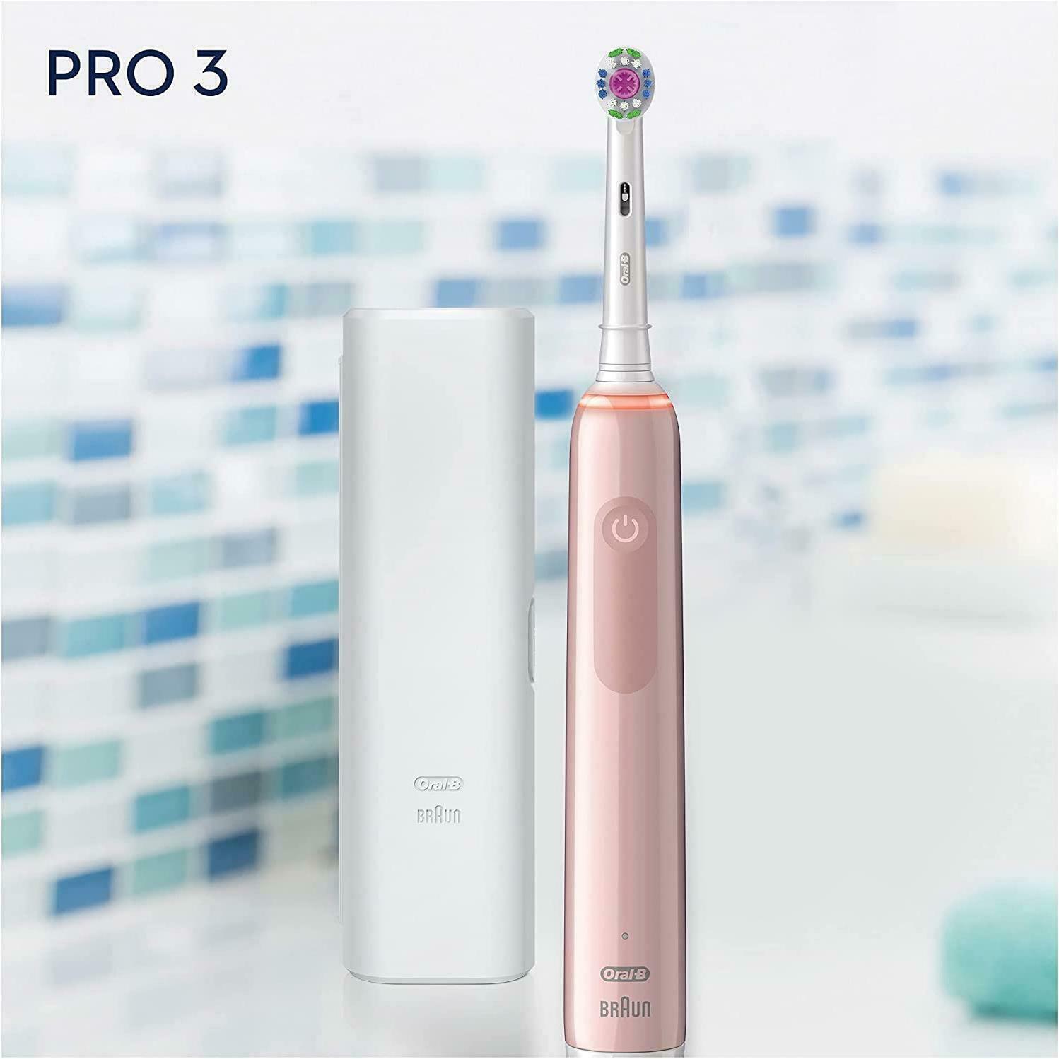 OralB PRO 3 Pink Electric Toothbrush w Smart Pressure Sensor & Travel