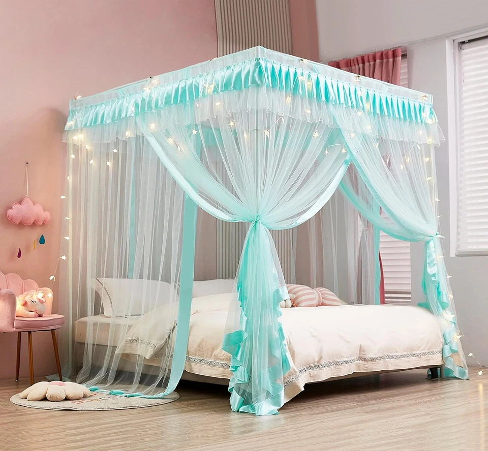 Rainbow Canopy Bed Curtains with Lights for Girls Princess Net Drapes Full Size - Image 3 of 4