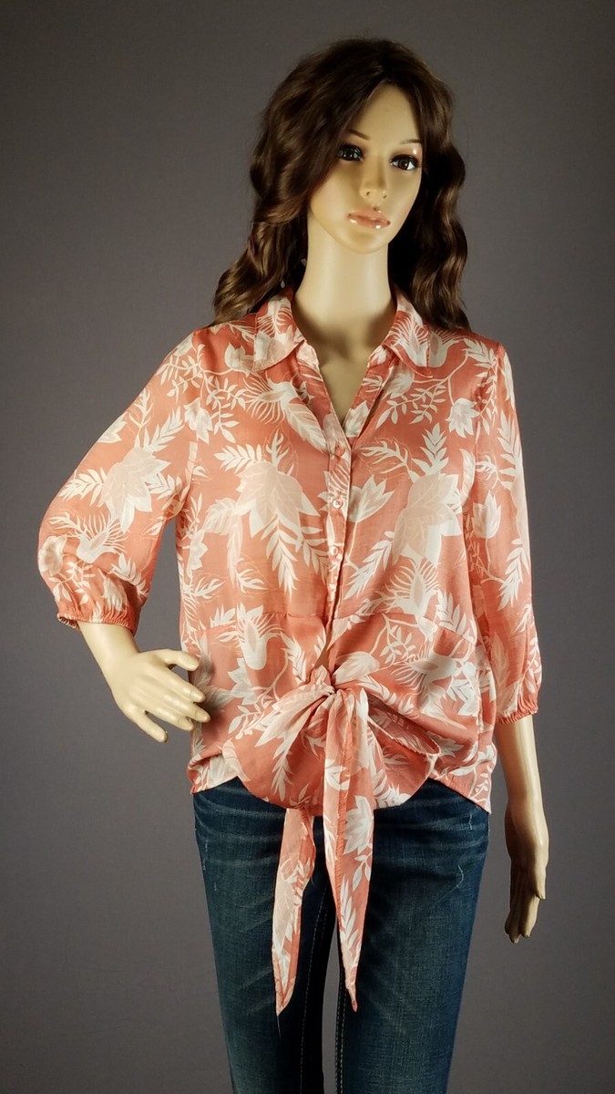 Alex & Parker Top 3/4 Sleeve Floral Tie Front Blouse Size L
