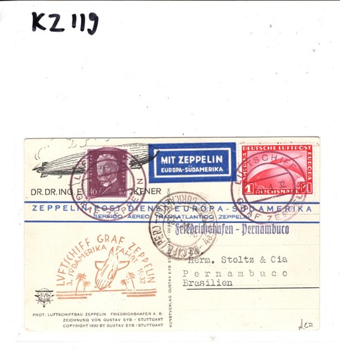 GERMANY Eckener Card GRAF ZEPPELIN 1m Air *3.SÜDAMERIKAFAHRT* 1932 Recife KZ119 - Picture 9 of 12