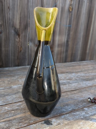 MCM Black Avocado Drip Crackle Glaze Art Pottery Vessel Signed Modernist Pitcher - Picture 6 of 12