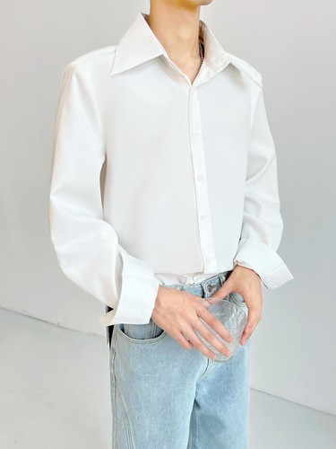 Camisas de manga larga blancas francesas drapeadas grandes cuello puntiagudo sueltas elegantes para hombre - Imagen 6 de 12